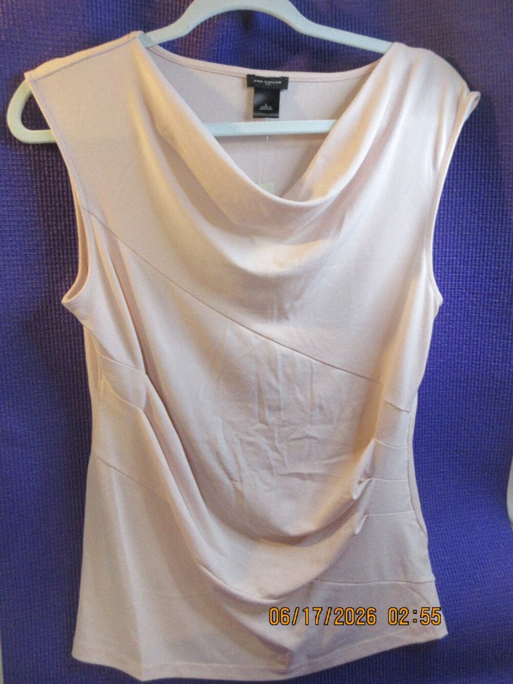 NWT~ANN TAYLOR ~LIGHT PEACH~COWL-NECK SLEEVELESS TOP~DRAPED 95% POLY, 5% SPANDEX